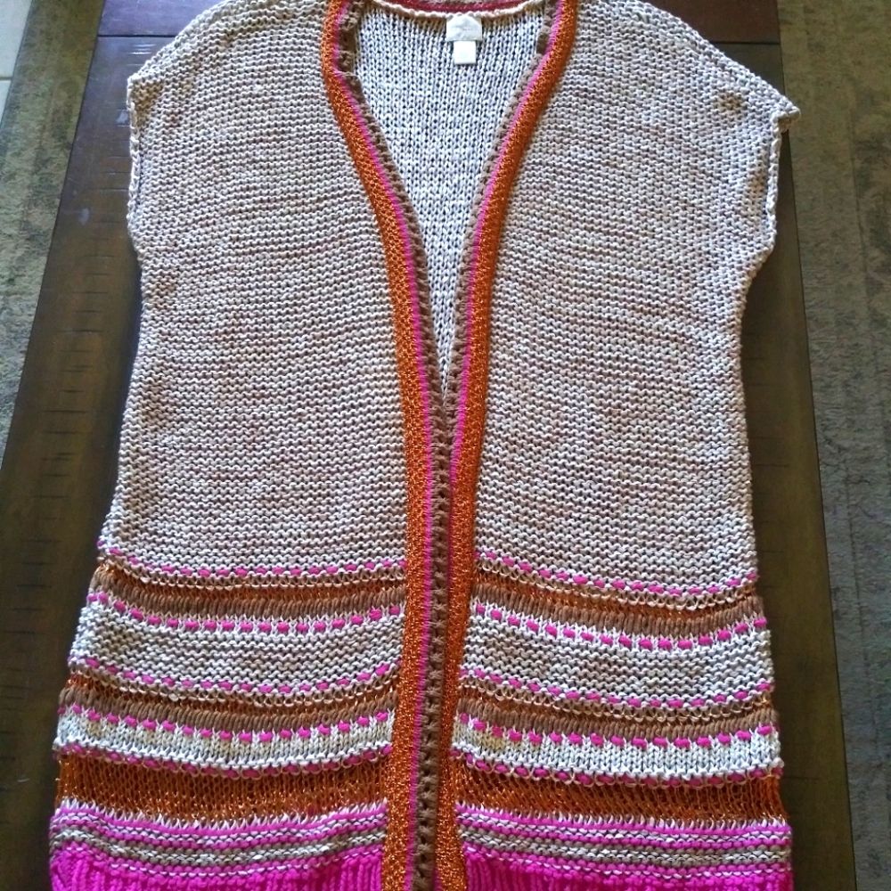 Chico's Tan Multi Colored Knitted Sweater Jacket Size 2 Lightweight